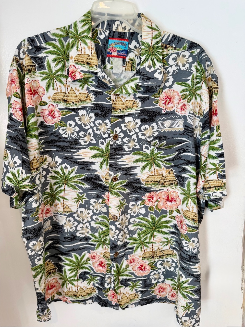 Joe Kealoah Vintage Hawaiian Shirt with Green Palms & Pink Hibiscus
